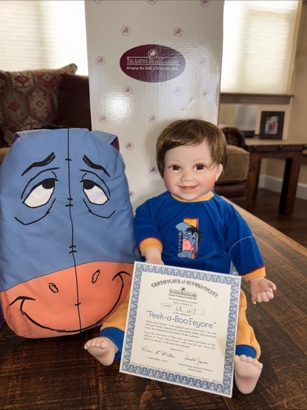 Ashton-Drake Galleries 'Peek-a-BOO Eeyore' Baby Doll in Blue & Orange Outfit